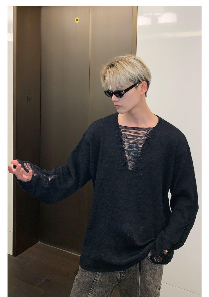 Long Sleeved Hollow V-neck Shirt