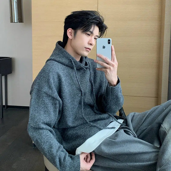 Loose Fit Knitted Hooded Sweatshirt