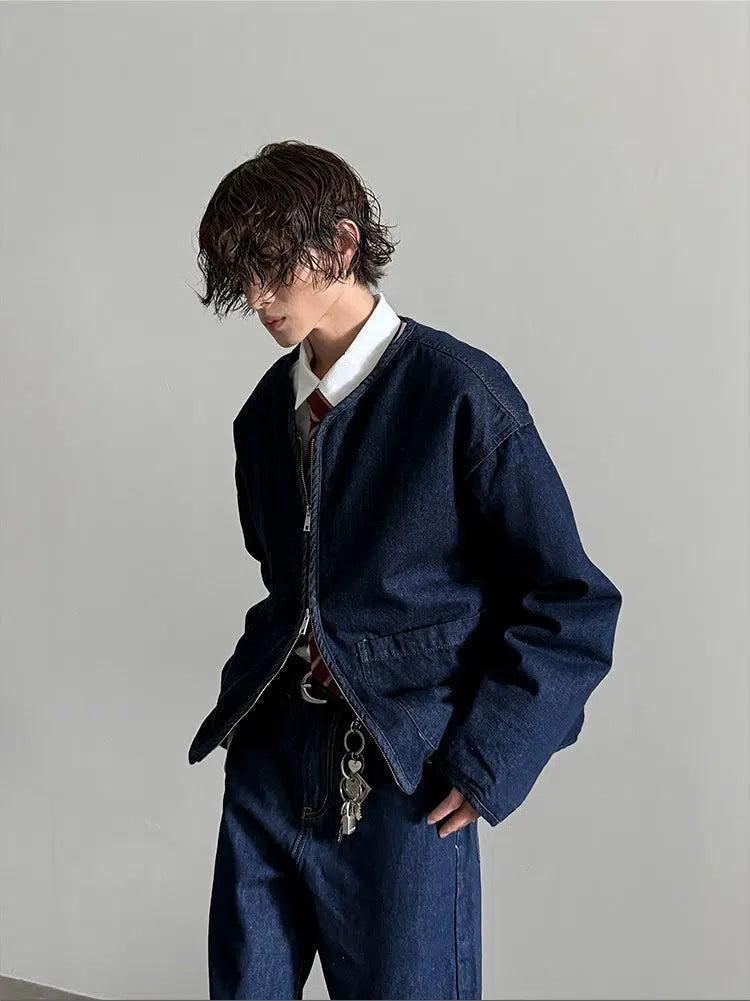 Loose Fit Zipper Collarless Denim Jacket