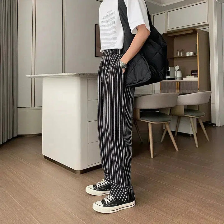 Loose-fit Elastic-Waist Striped Pants