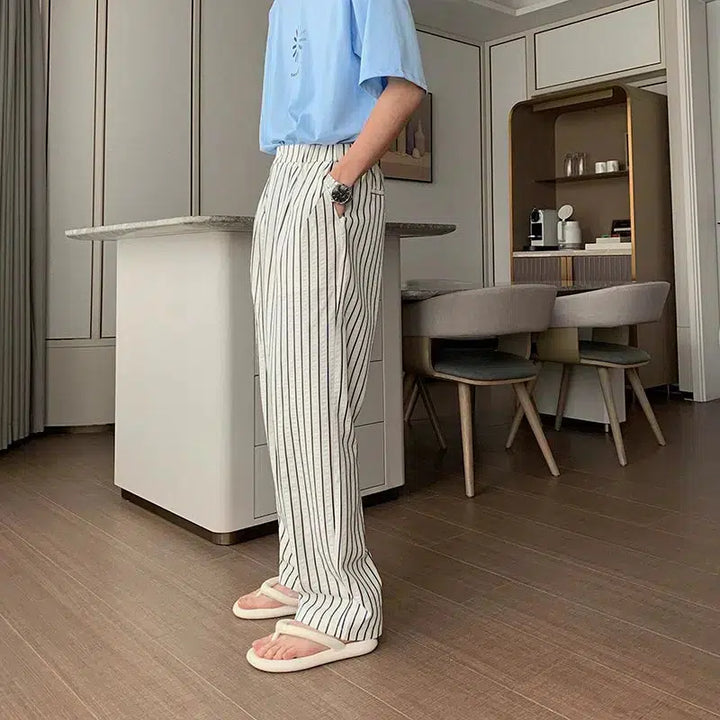 Loose-fit Elastic-Waist Striped Pants