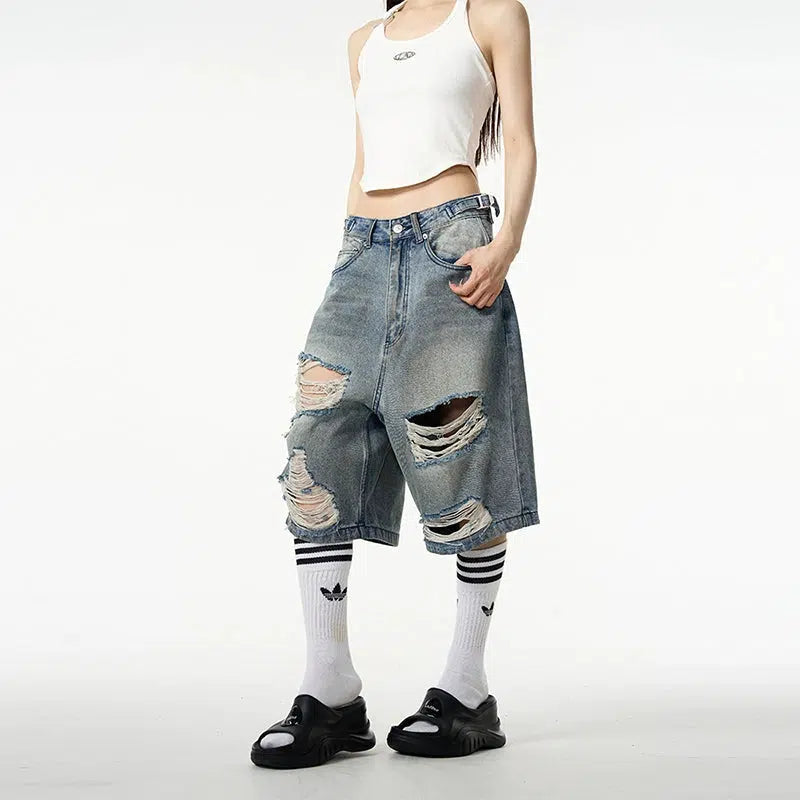 Loose-fit Knee-Length Denim Shorts