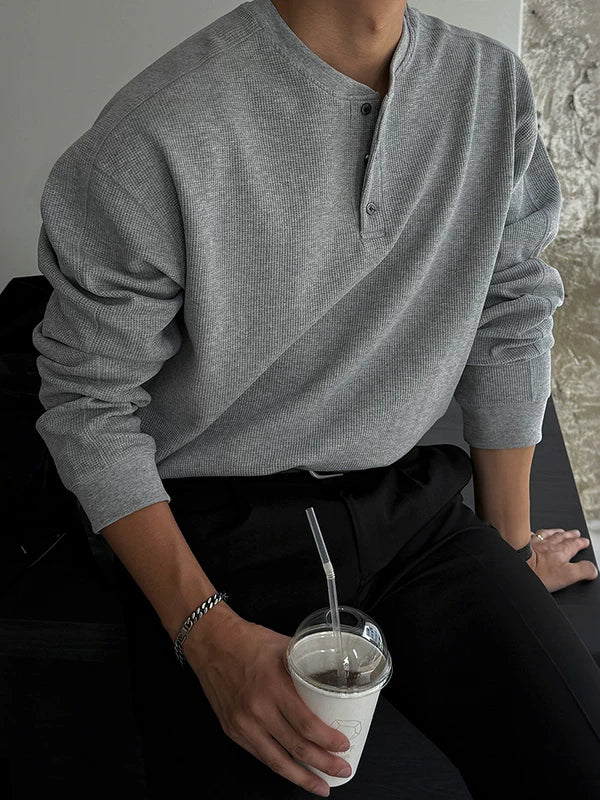 Waffle Knit Long Sleeve Henley Pullover 2