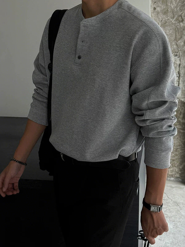 Waffle Knit Long Sleeve Henley Pullover 3