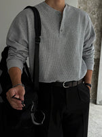 Waffle Knit Long Sleeve Henley Pullover 4