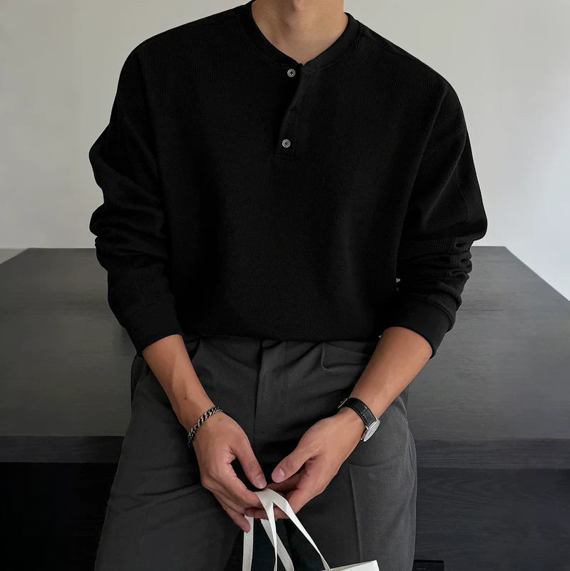 6019795404411,6019795404412,6019795404413,6019795404414,6019795404415, Waffle Knit Long Sleeve Henley Pullover