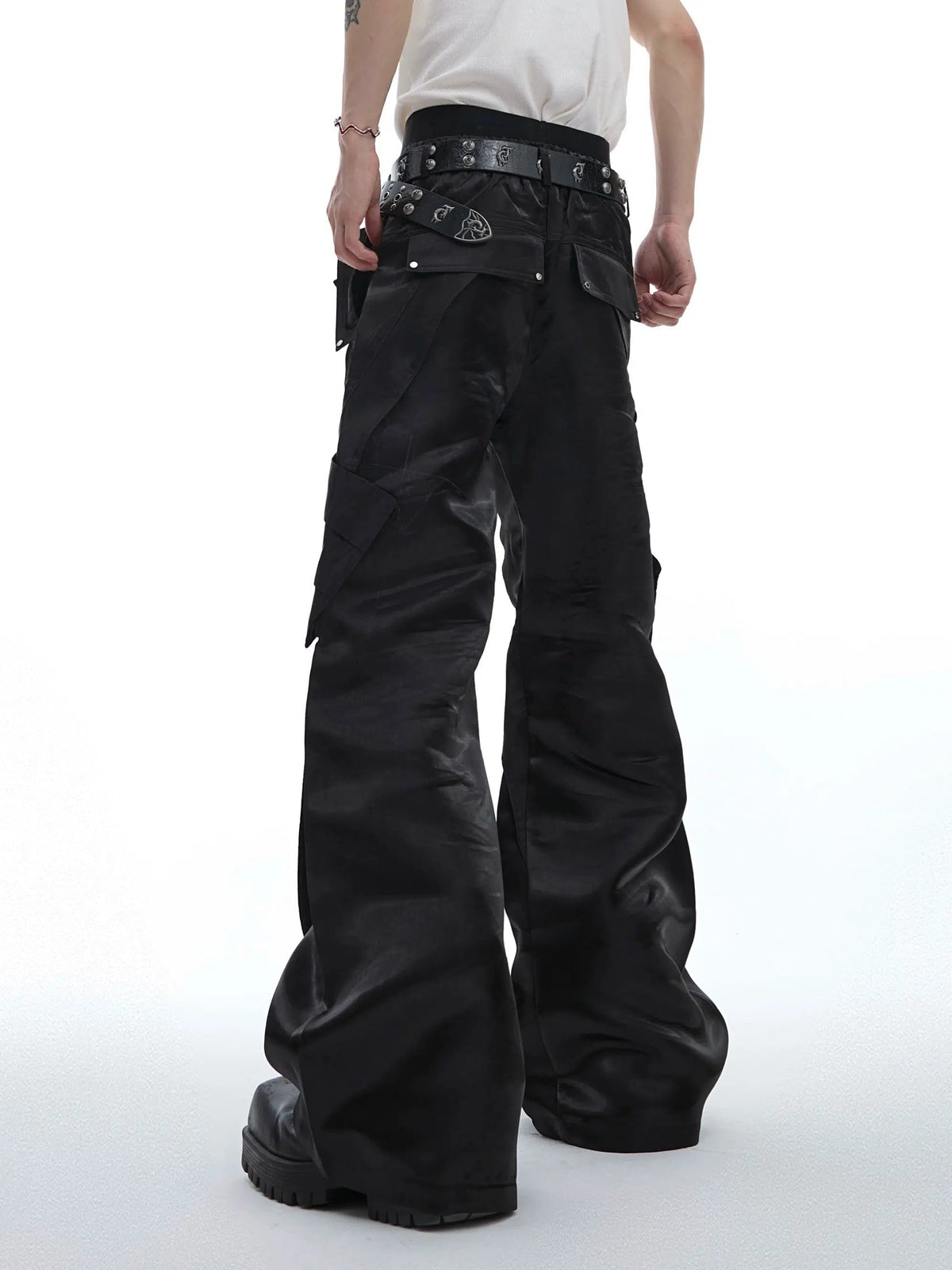 Metal Buckle Leather Micro-flared Pants