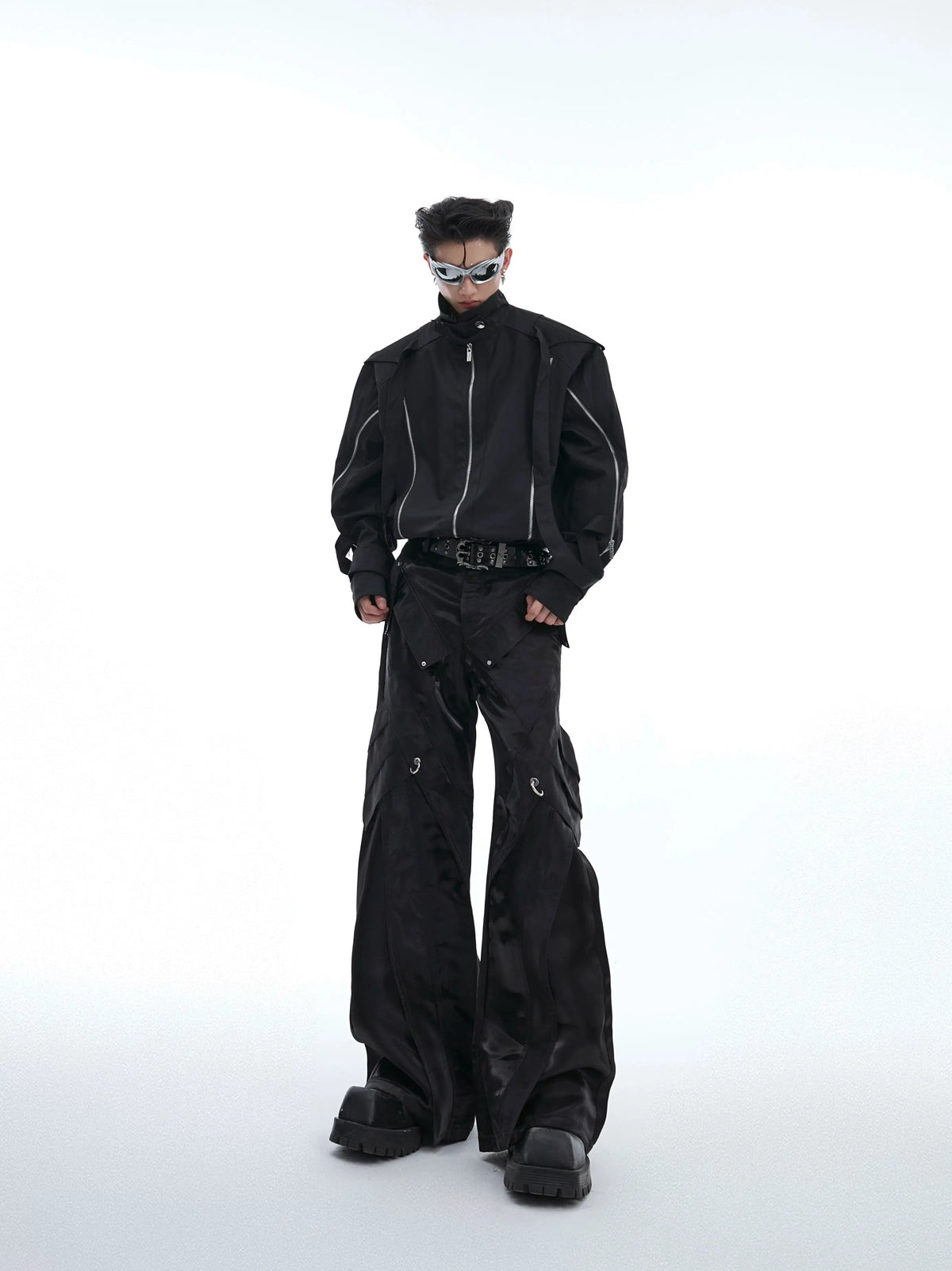 Metal Buckle Leather Micro-flared Pants