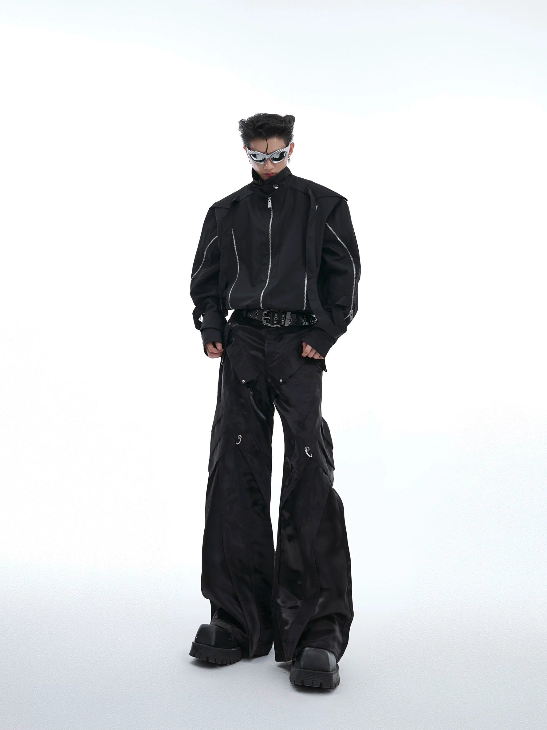 Metal Buckle Leather Micro-flared Pants