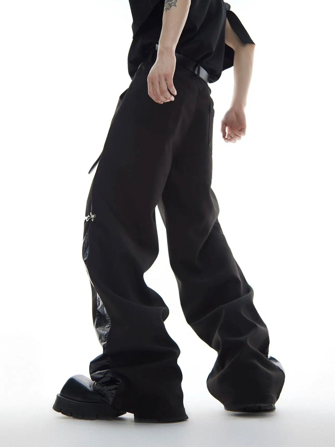 Metal Airplane Button Leather Splicing Pants