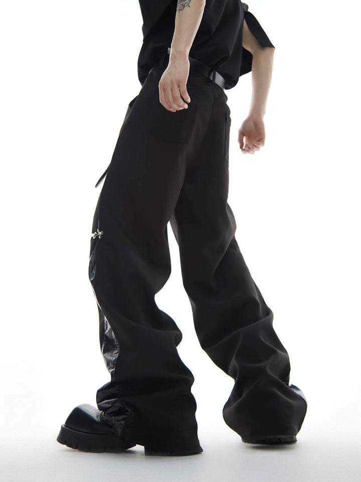 Metal Airplane Button Leather Splicing Pants