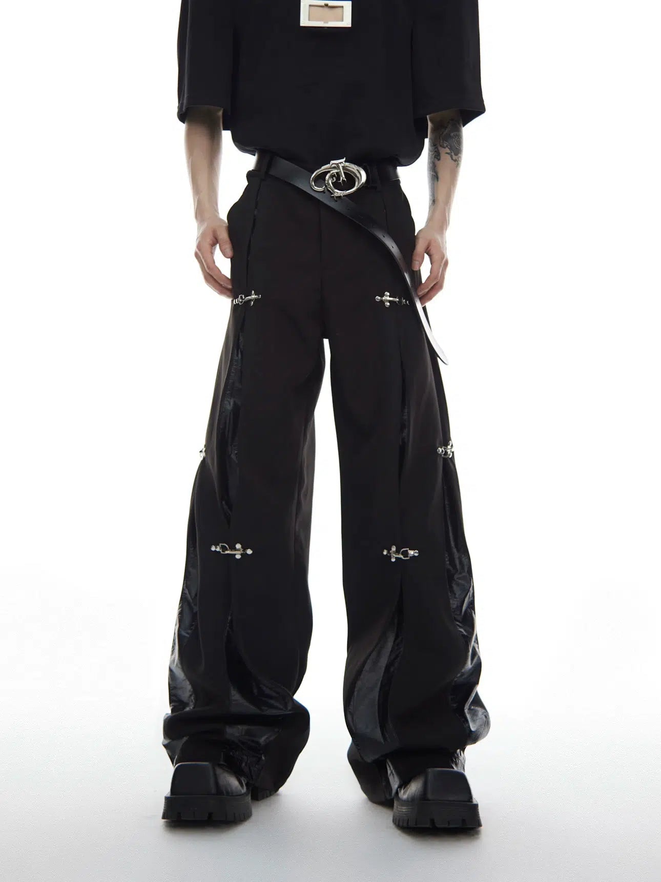 Metal Airplane Button Leather Splicing Pants