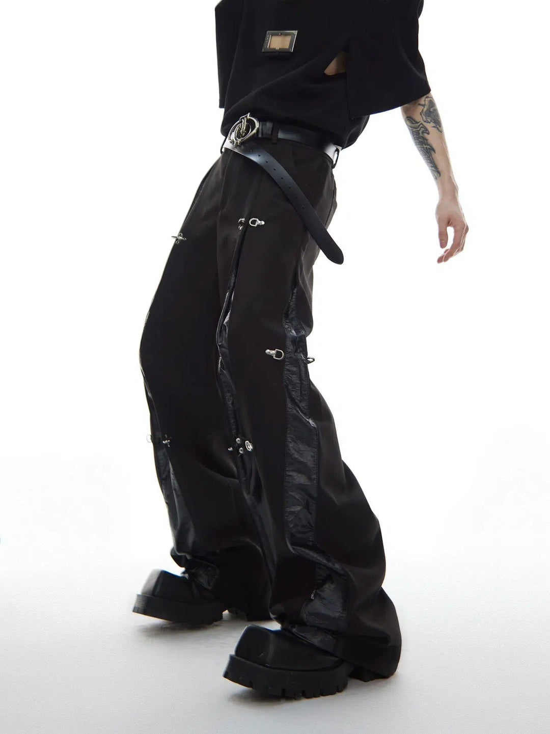 Metal Airplane Button Leather Splicing Pants