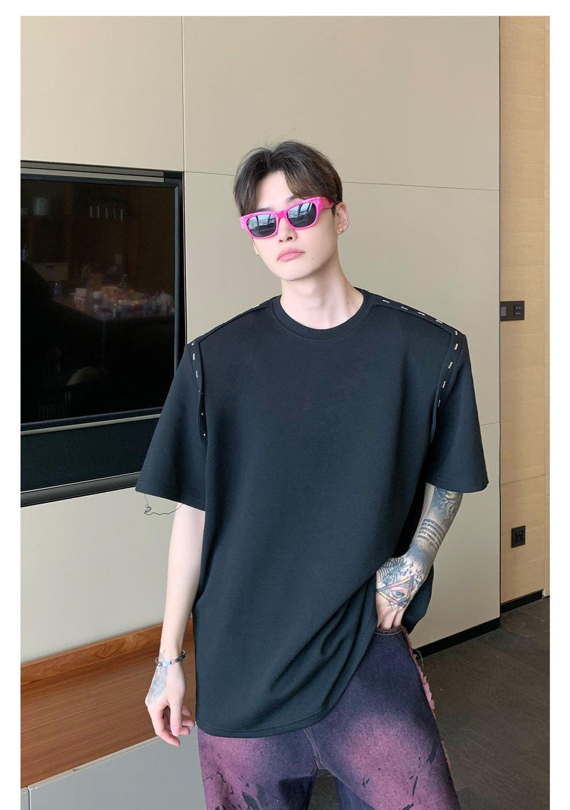Metal Design Shoulder Pad Short-sleeved T-shirt