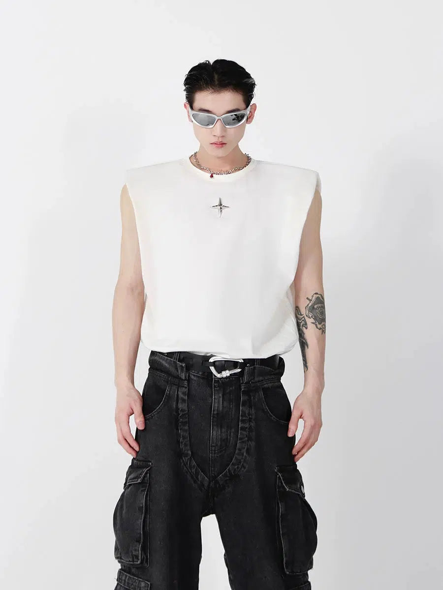 Metal Design Shoulder Pad Sleeveless Vest
