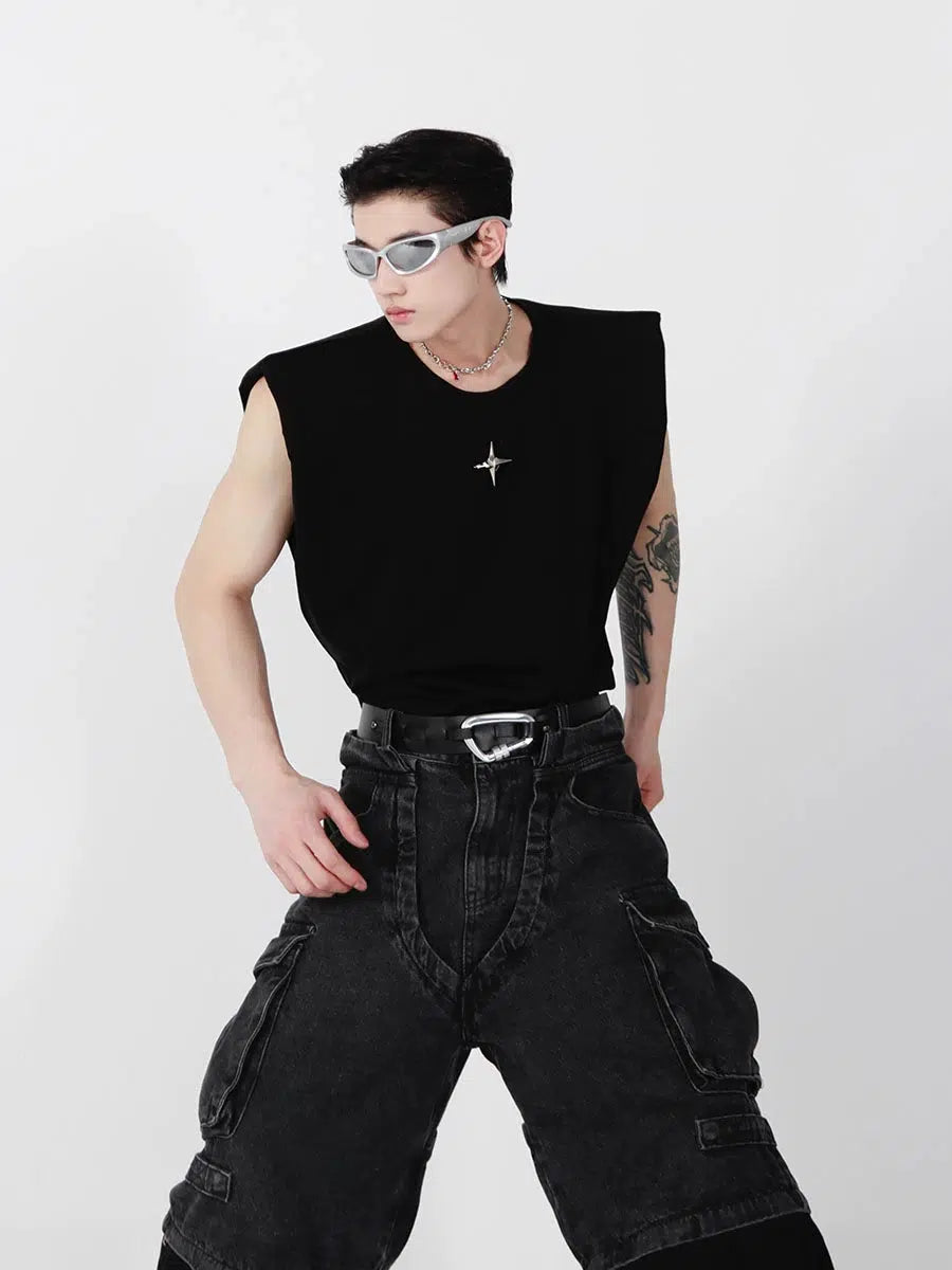 Metal Design Shoulder Pad Sleeveless Vest