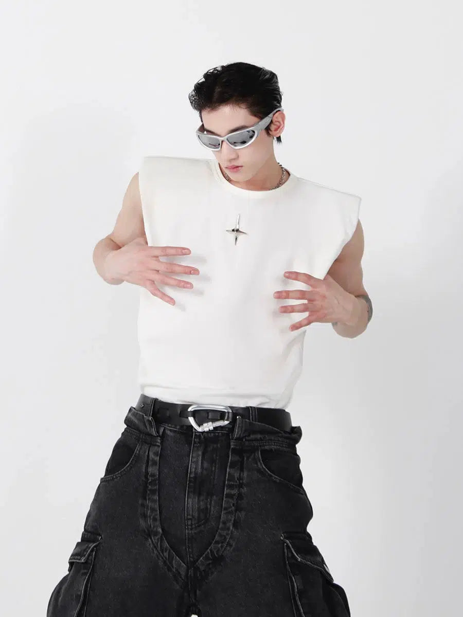 Metal Design Shoulder Pad Sleeveless Vest