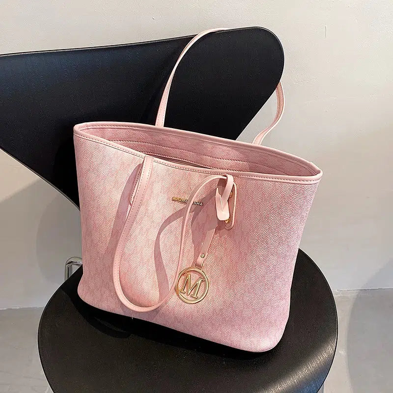 Metal Letter Pendant Leather Tote Bag