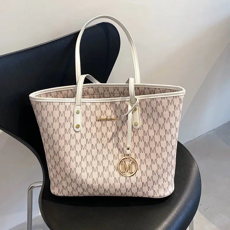 Metal Letter Pendant Leather Tote Bag