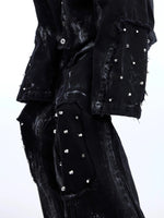 Metal Rivet Denim Jacket Distressed Pants Set