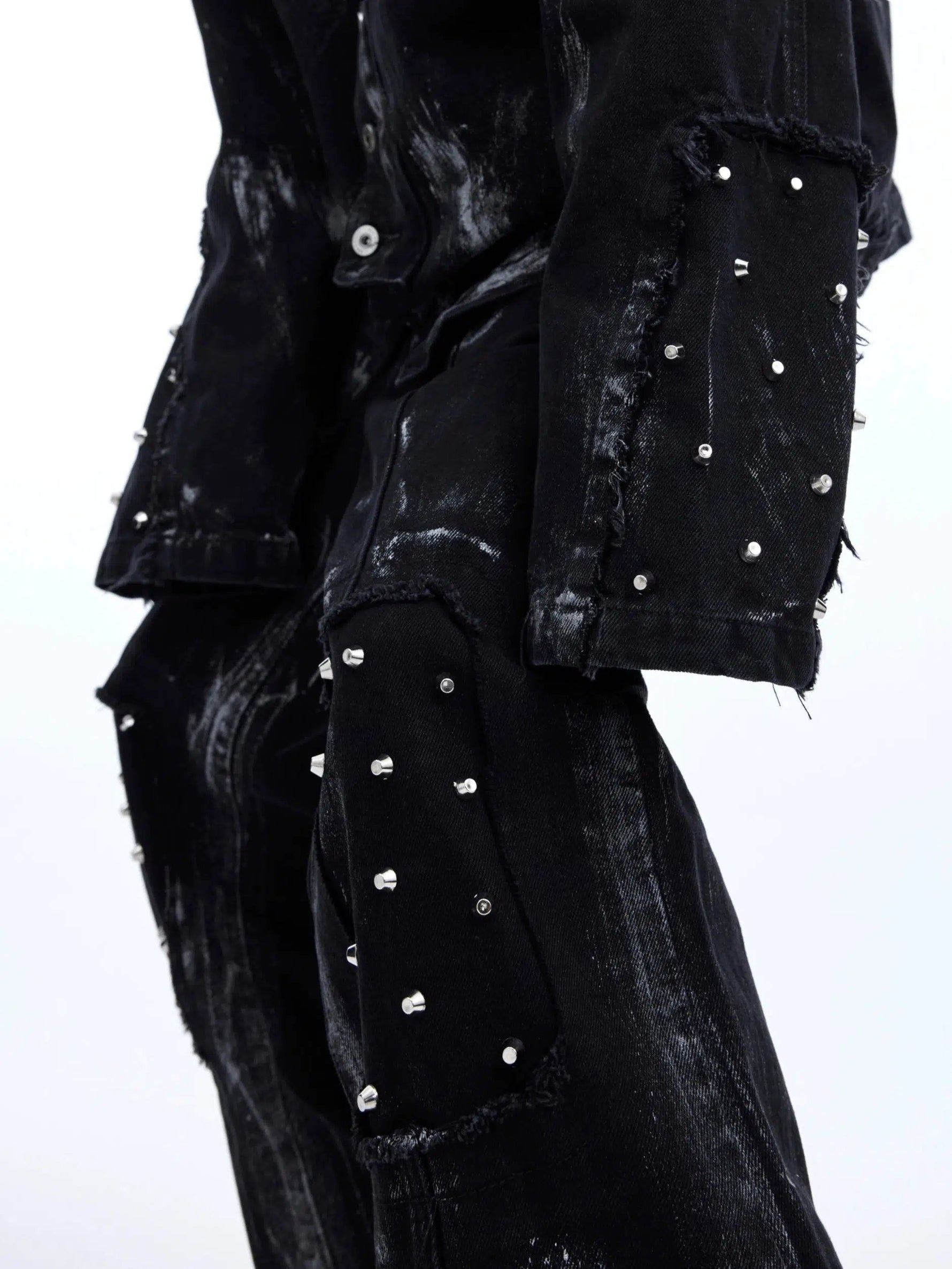 Metal Rivet Denim Jacket Distressed Pants Set