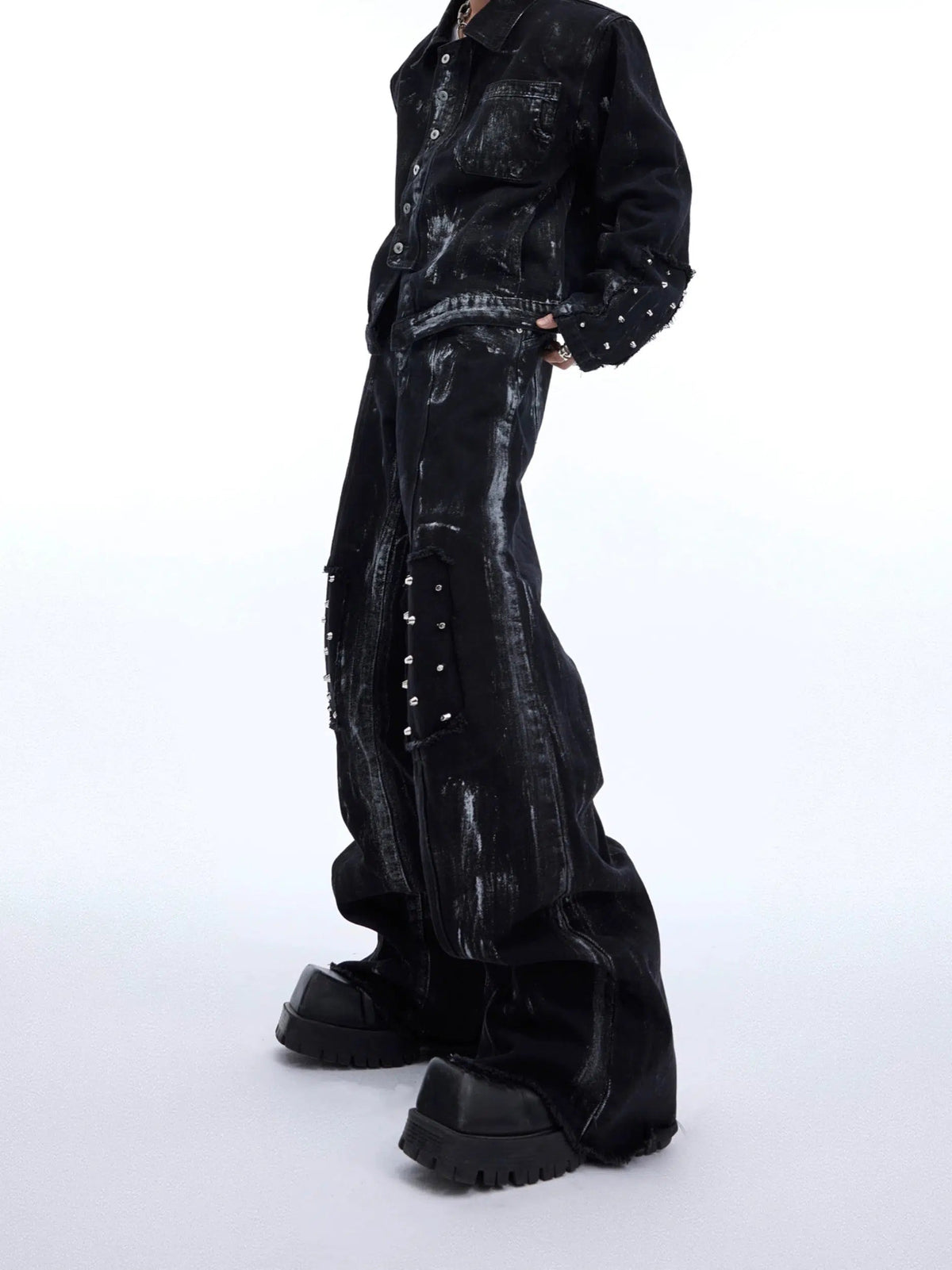 Metal Rivet Denim Jacket Distressed Pants Set