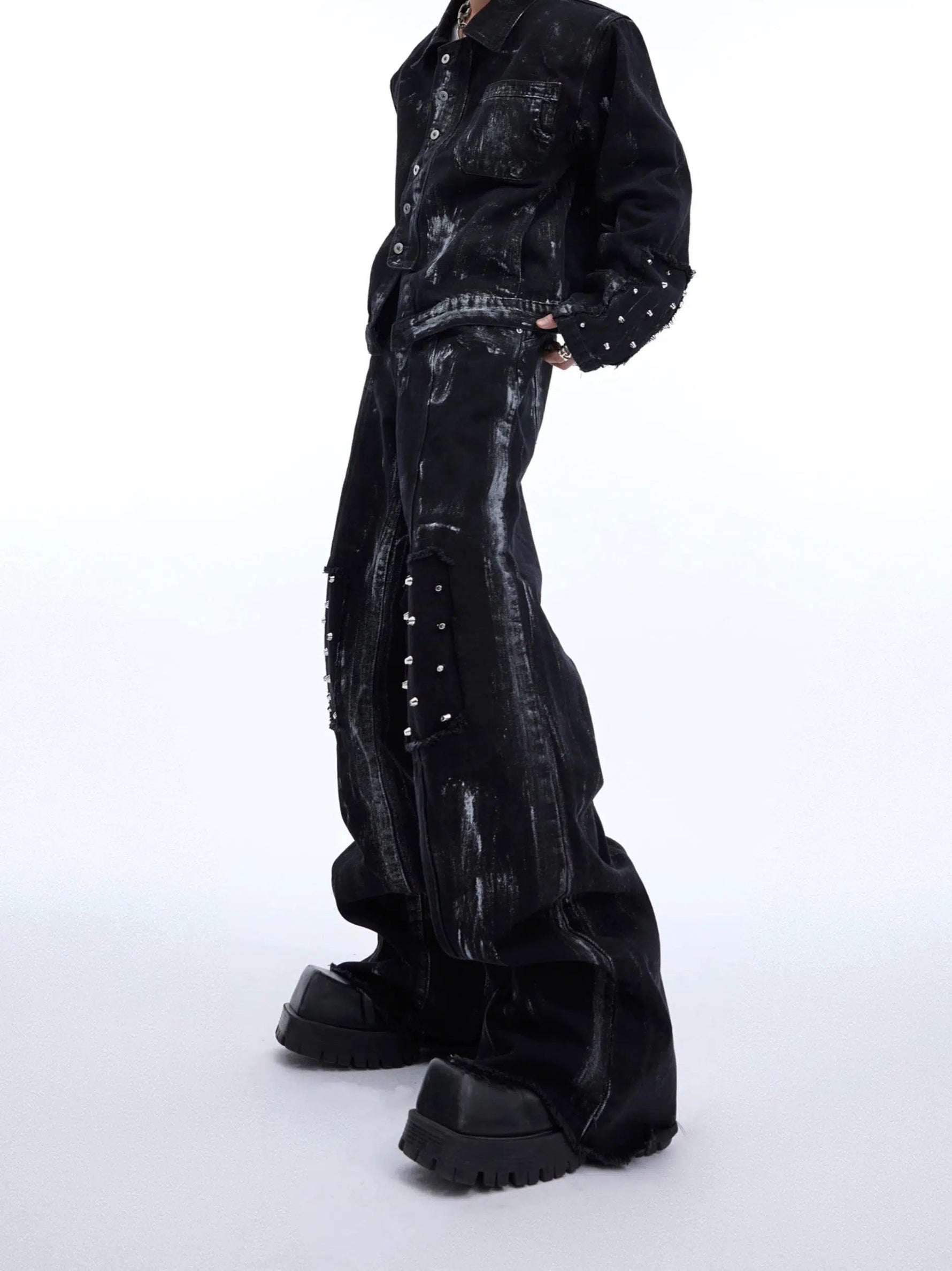 Metal Rivet Denim Jacket Distressed Pants Set