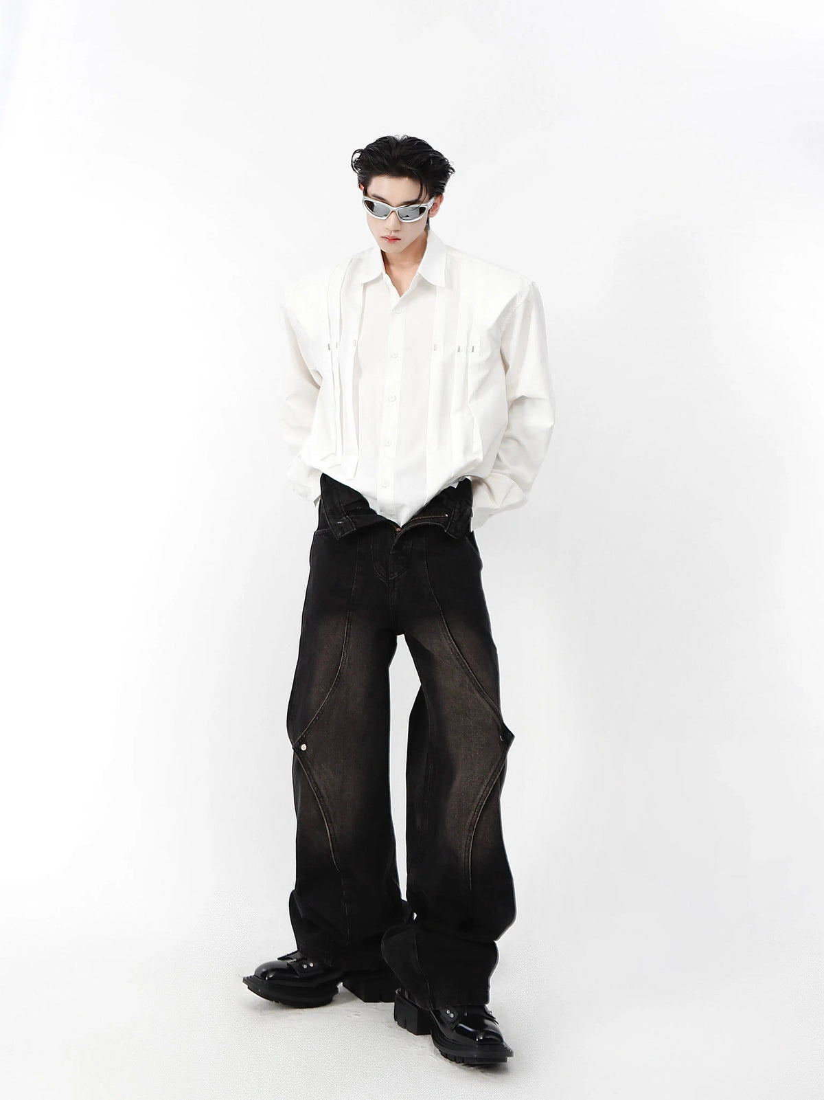 Metal Rivets Pleated Cardigan Shirt