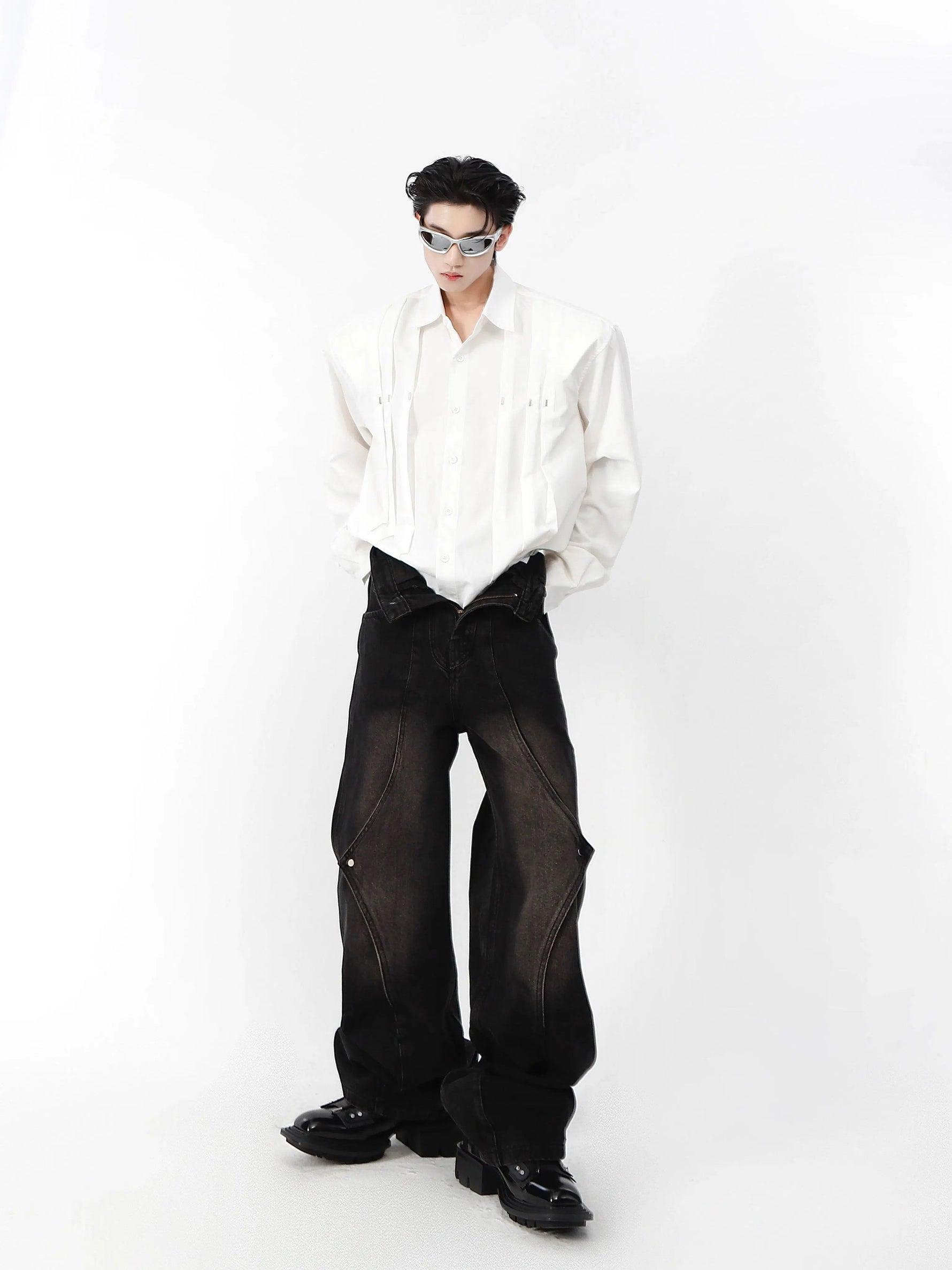 Metal Rivets Pleated Cardigan Shirt