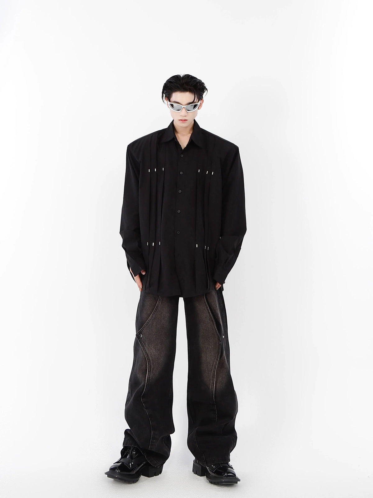 Metal Rivets Pleated Cardigan Shirt