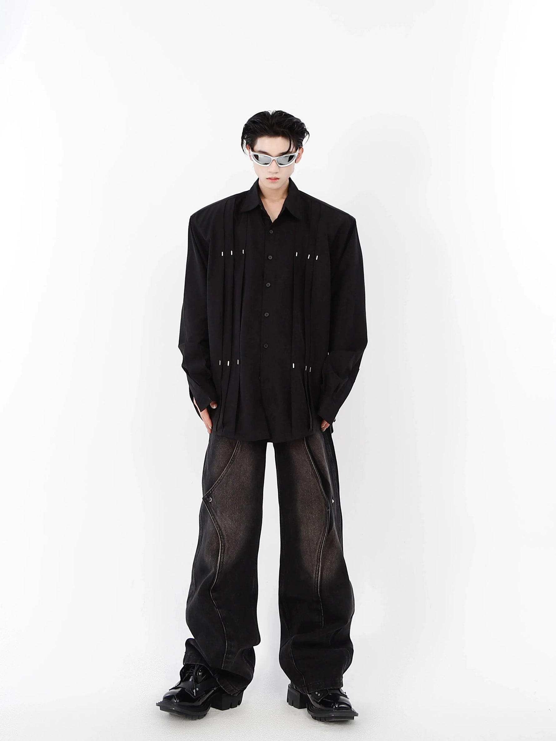 Metal Rivets Pleated Cardigan Shirt