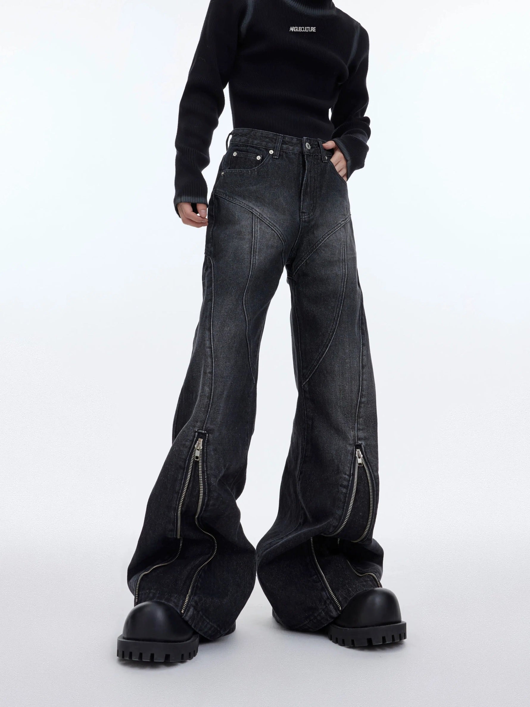 Metal Zipper Distressed Flared Pants