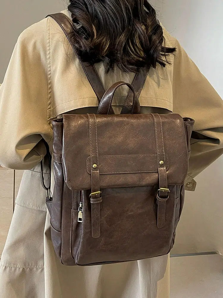 Multi-compartment Leather Buckle Backpack