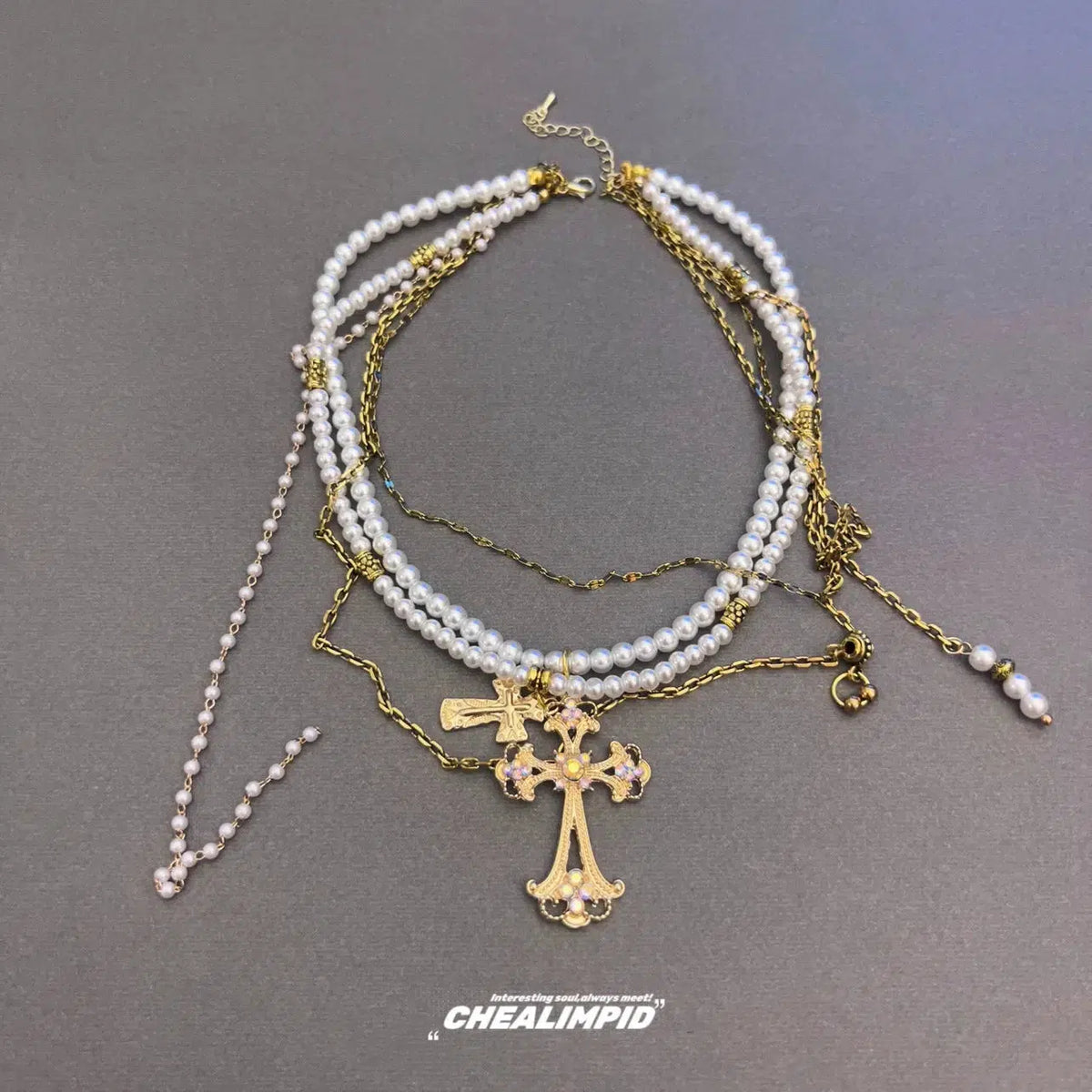 Multi-layer Cross Pendant Pearl Necklace