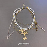 Multi-layer Cross Pendant Pearl Necklace