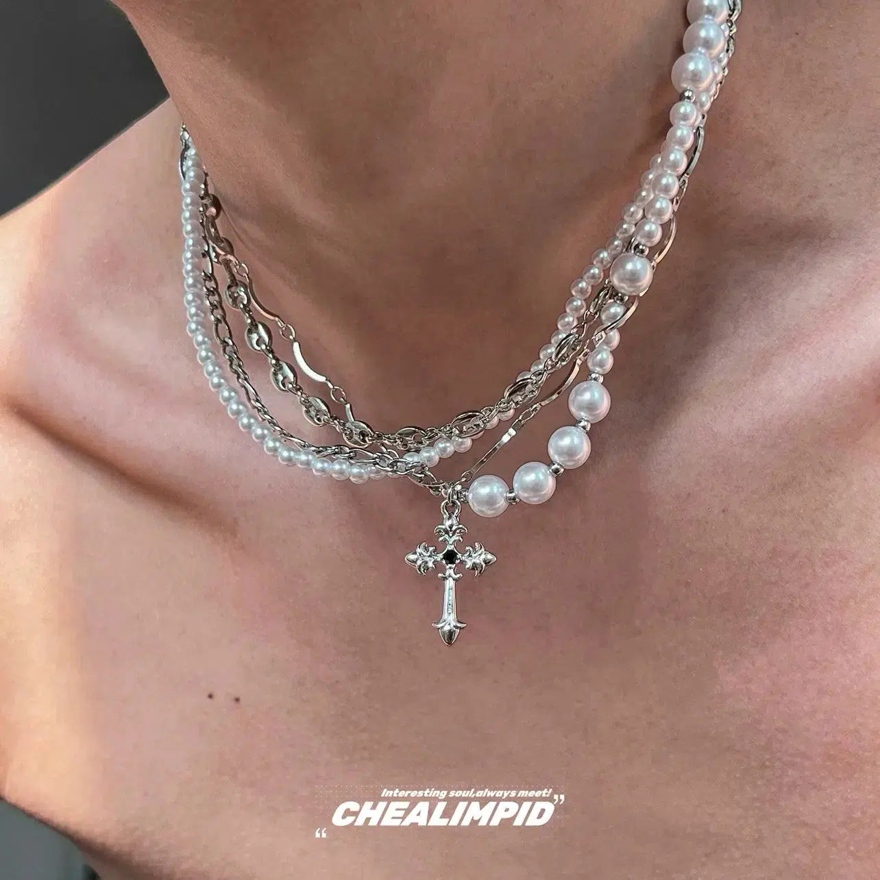 Multi-layer Cross Pendant Pearl Necklace