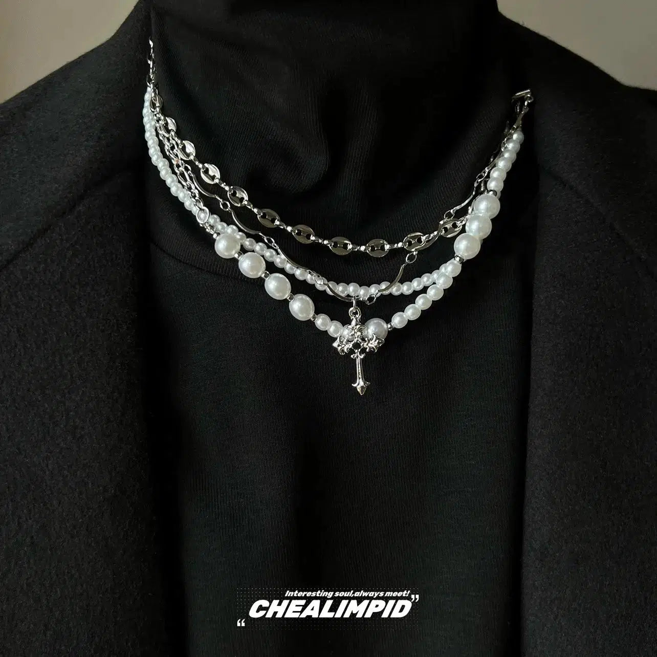 Multi-layer Cross Pendant Pearl Necklace