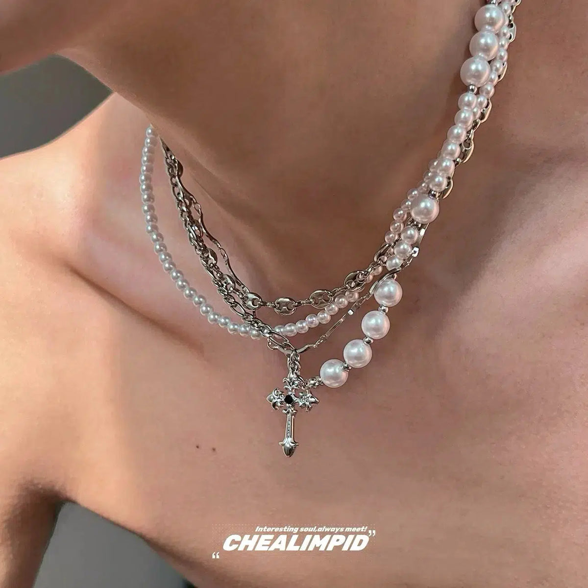 Multi-layer Cross Pendant Pearl Necklace