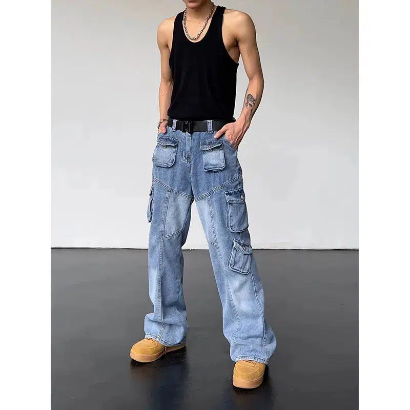 Multi-pocket Cargo Washed Jeans