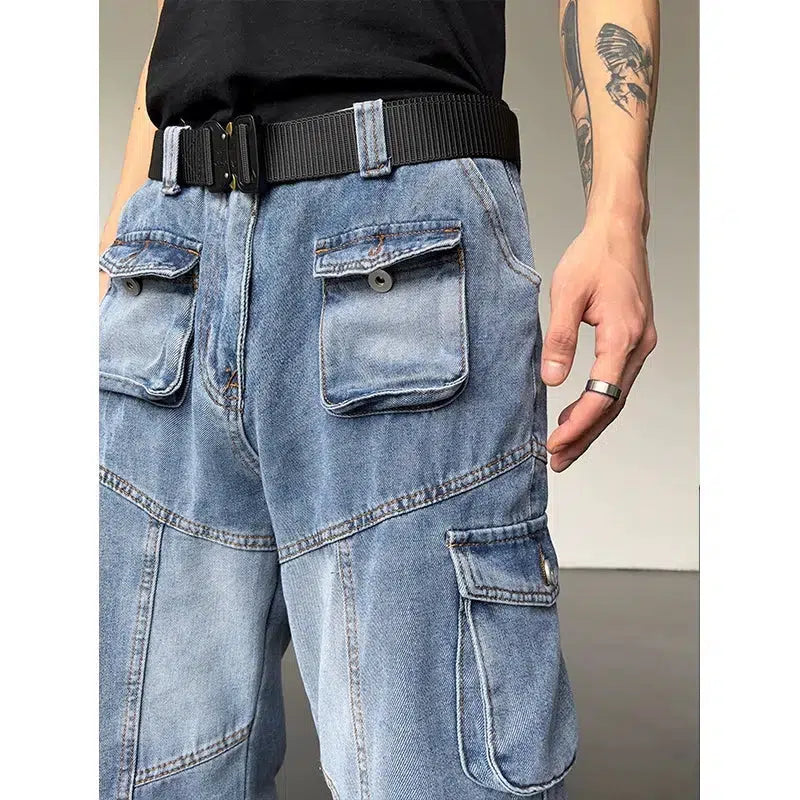 Multi-pocket Cargo Washed Jeans