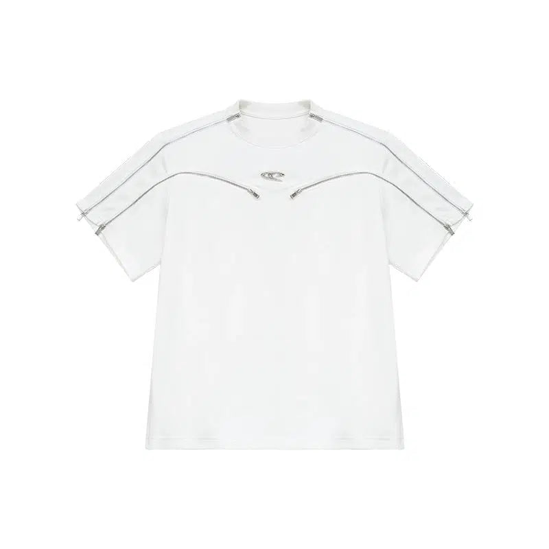 Multi-zipper Short Sleeve T-shirt with Shoulder Pad