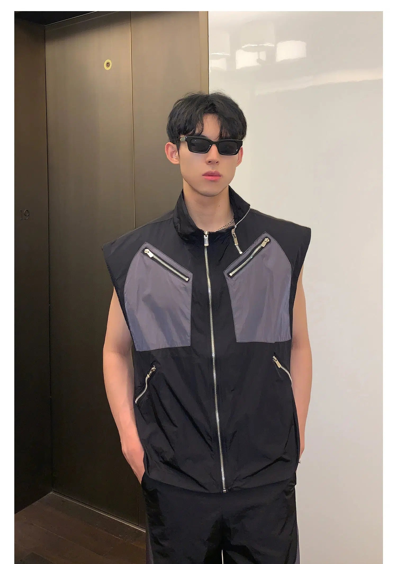 Multi-zipper Sleeveless Nylon Jacket