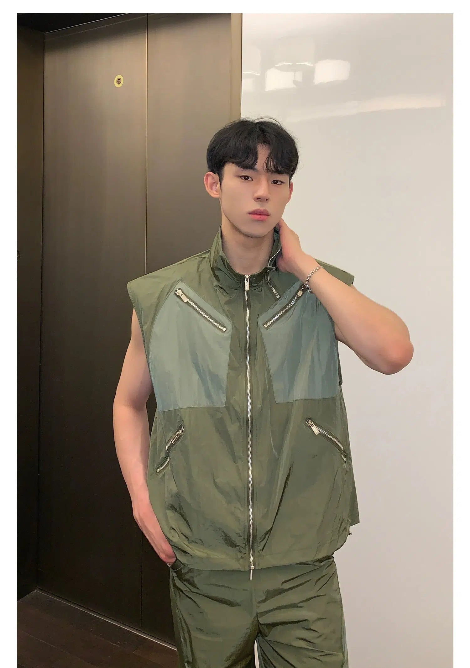 Multi-zipper Sleeveless Nylon Jacket
