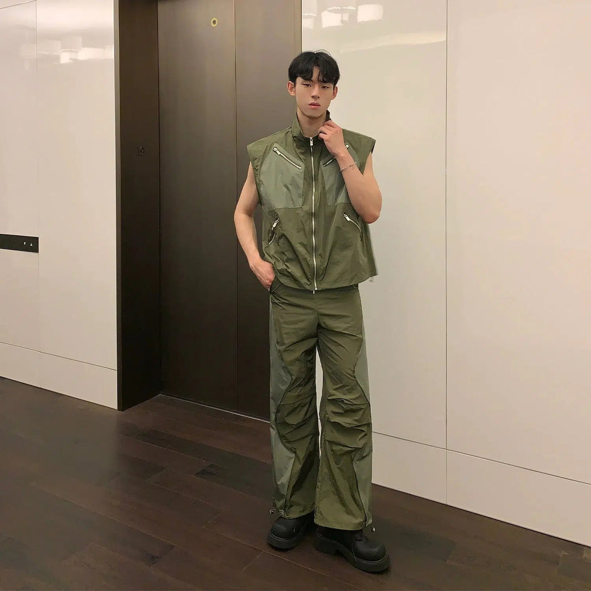 Multi-zipper Sleeveless Nylon Jacket