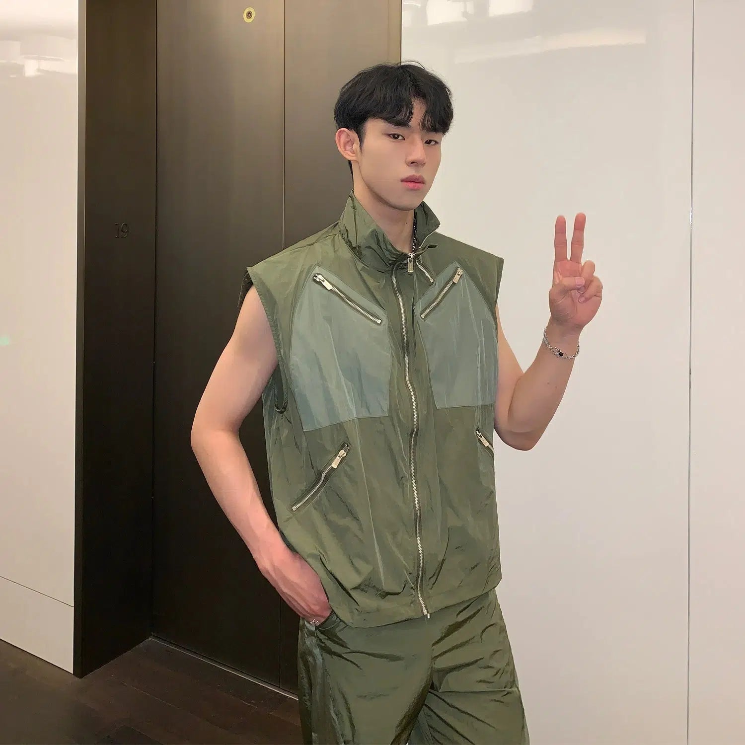 Multi-zipper Sleeveless Nylon Jacket