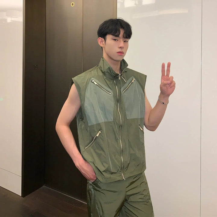 Multi-zipper Sleeveless Nylon Jacket