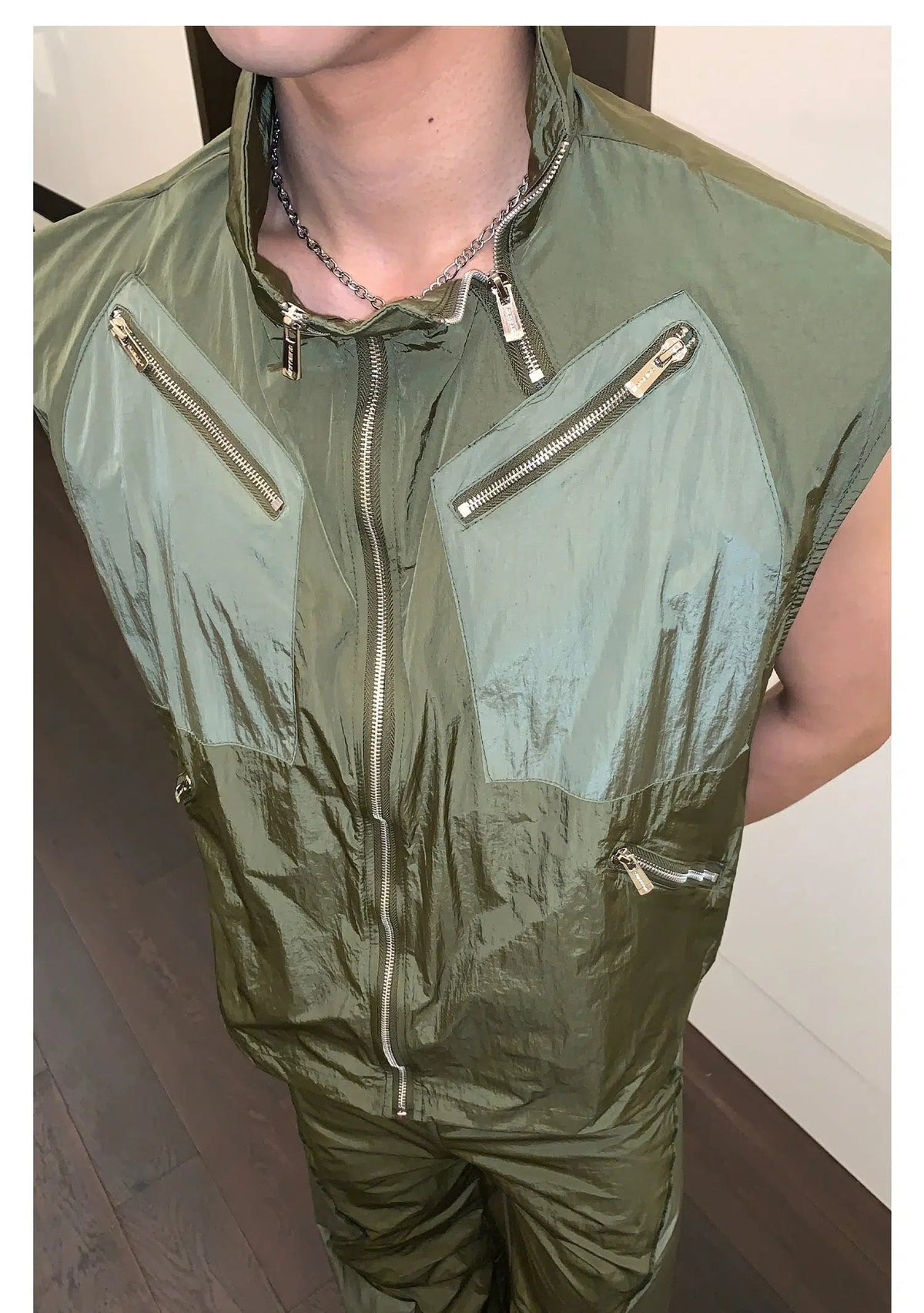 Multi-zipper Sleeveless Nylon Jacket