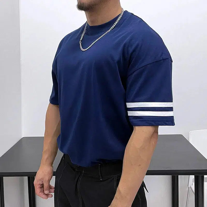 Neckline Drop Shoulder Striped T-shirt