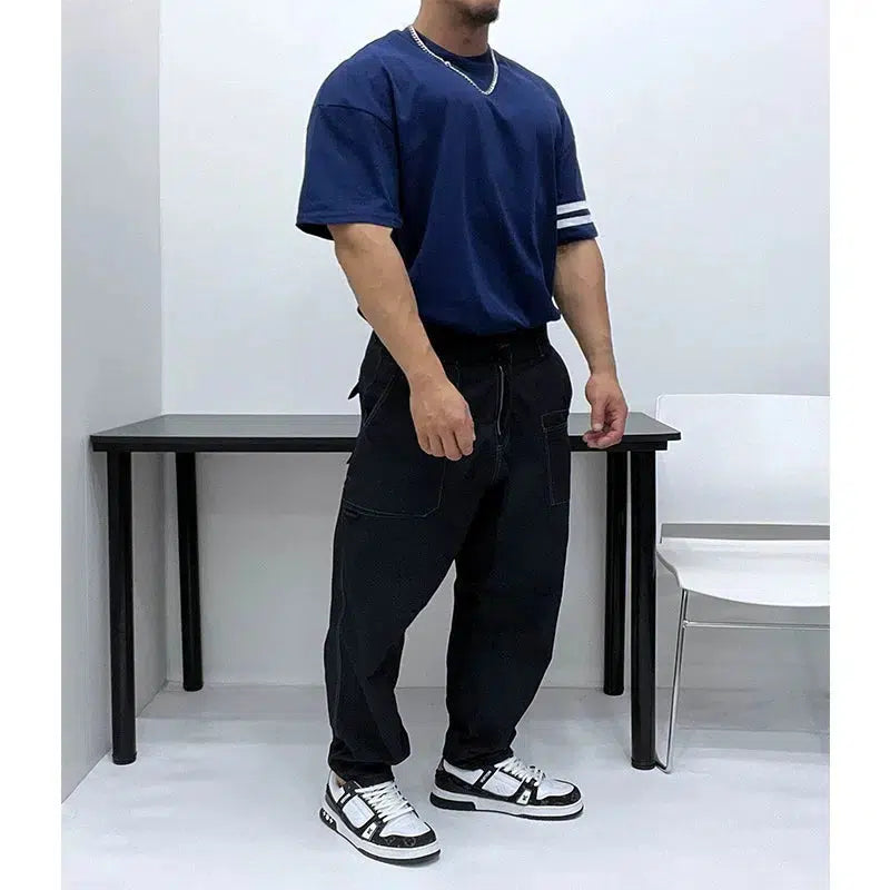 Neckline Drop Shoulder Striped T-shirt