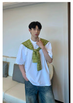 Non-detachable Plaid Shawl T-shirt